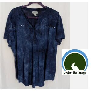 Sienna Grace Navy Embroidered Pleated Henley Top 3X V1 Grunge Fairy Whimsigoth